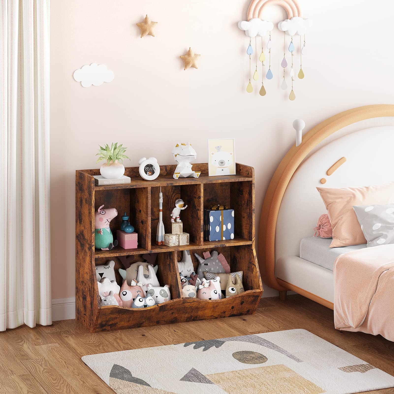 Meuble de rangement multifonction pour enfants – Bibliothèque et étagère à jouets en bois – 5 compartiments spacieux – Idéal chambre, salle de jeux, crèche, maternelle, couloir – Couleur rétro
