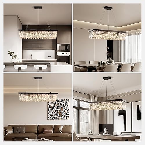 Miniatura 9 de Moooni Candelabro negro rectangular moderno, lámpara colgante de 8 luces, lámpara de cristal K9 para isla de cocina, comedor, 40 pulgadas de largo x