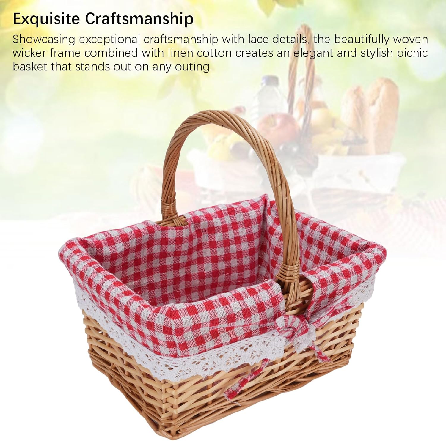 Wicker Picnic Basket, Vintage Hand Woven Basket, Willows Basket with Detachable Lining for Picnics, Camping, Veg Picking (Red Plaid)