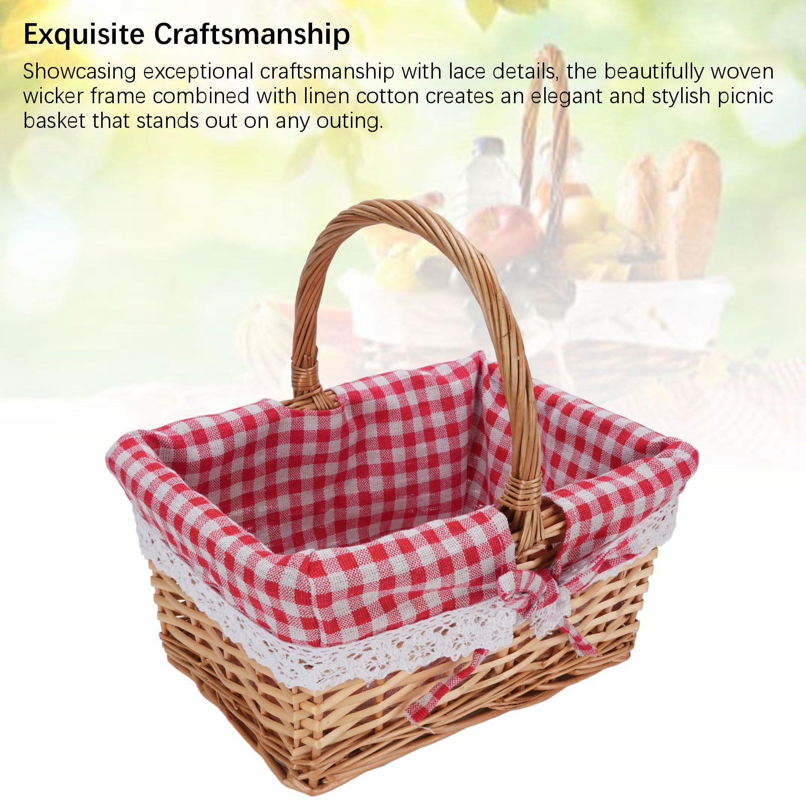 Fockety Cesta de Mimbre, Cesta de Picnic Tejida con Forro Desmontable, Cesta de Mimbre Ovalada para Regalos, Cesta de Almacenamiento Grande para Camping, Al Aire Libre, Halloween, (Cuadros Rojos)