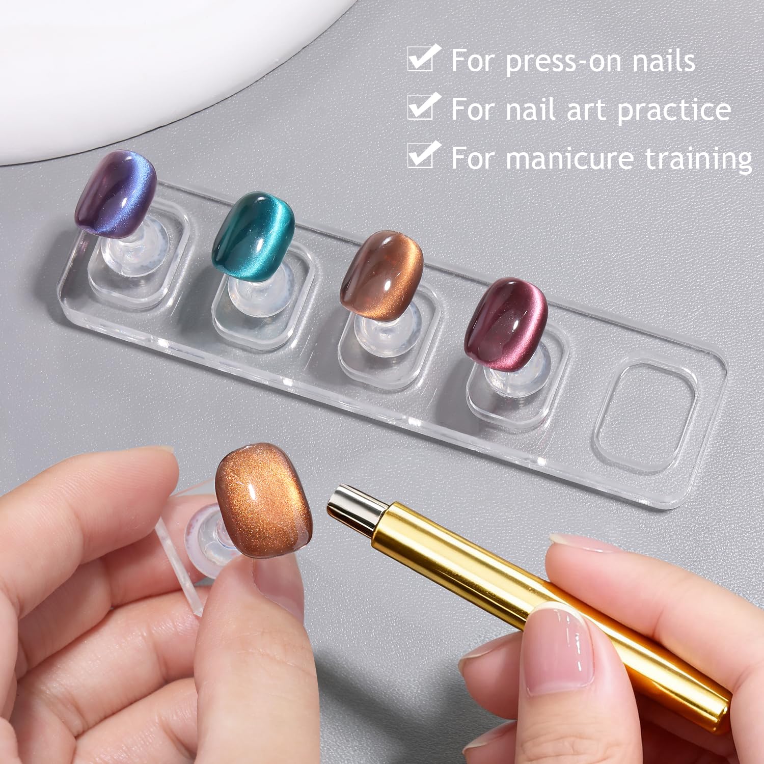 Non-Magnetic Acrylic Nail Stand for Press-Ons, Cat Eye Nail Art Practice & Display Stand, Fake Nail Holder for Painting with Double-Sided Sticky Tape, Manicure Beginner & Salon Supplies