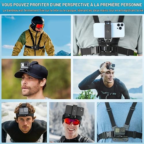 Gykutix Adjustable Chest Mount Head Strap Kit - 9-in-1 Action Camera Accessories for GoPro Hero, Xiaoyi, DJI, iPhone & Smartphones - Compatible with Sports Cameras & Handheld Gimbals - 6