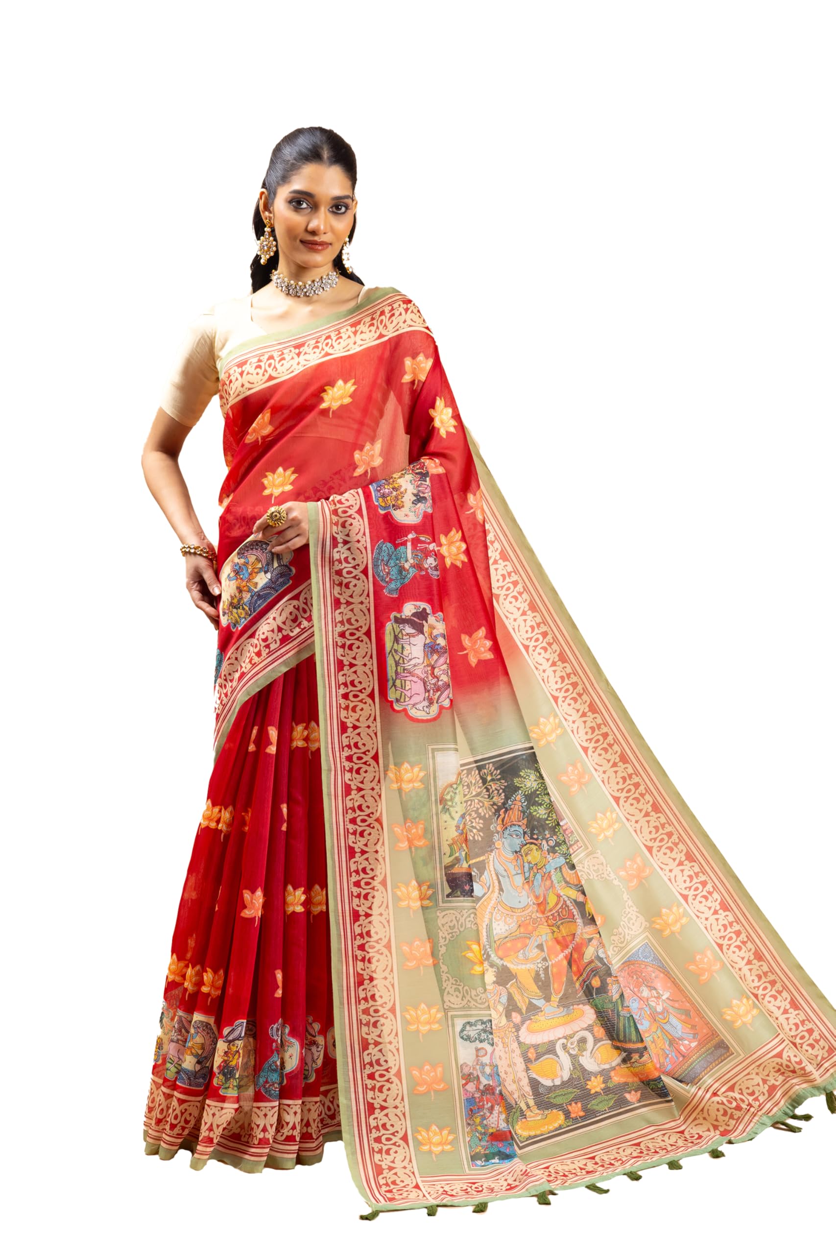 yuvani vesture Yuvani Women’s Radha Ridhaya Chanderi Cotton Saree with Unstitched Blouse | Lightweight, Soft & Elegant Traditional Saree | Premium Printed | Perfect for Weddings, Pooja & Festive Occasions-picture-24