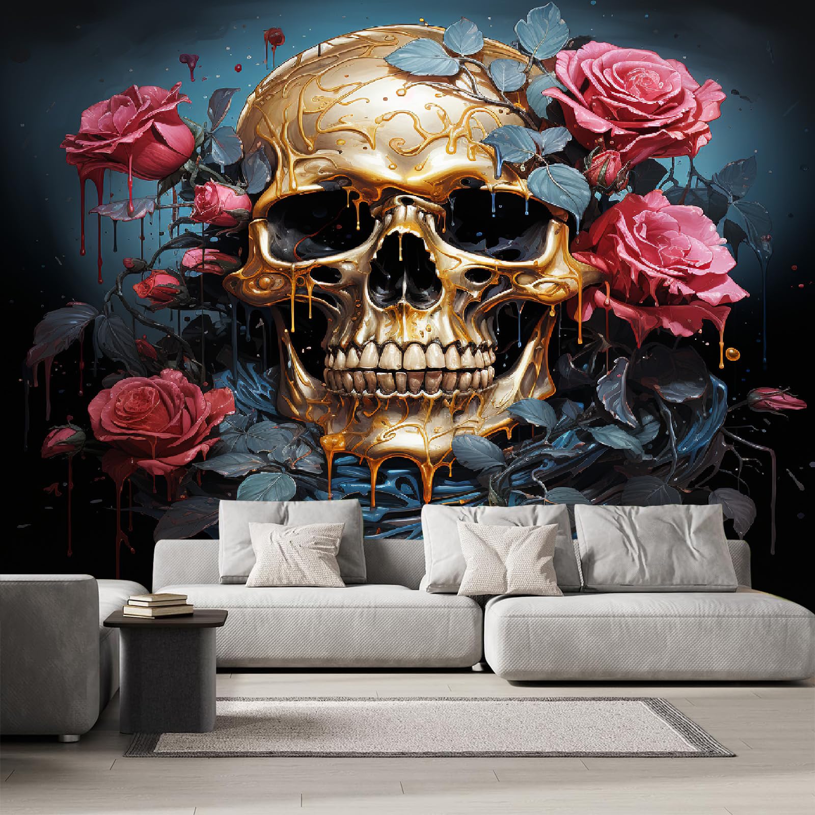 Crâne Roses 3D Papier Peint Panoramique pour Transformer l'Ambiance d'un Salon Rétro