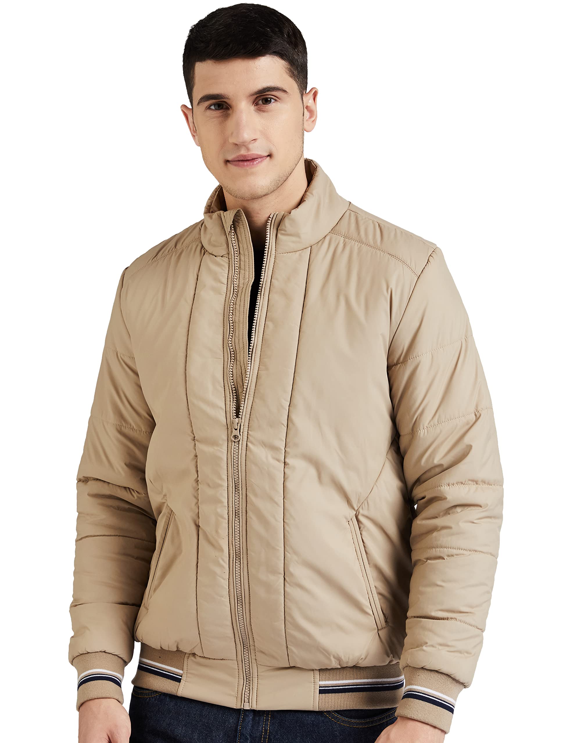 Amazon Brand - Symbol Men's Polyester Standard Length Quilted Bomber Winter Jacket with Band Collar