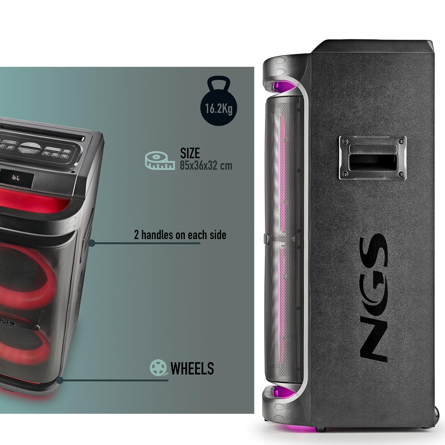 Enceinte Active Sono DJ NGS WILDSPACE2-2000W, Bluetooth, USB/AUX, Lumière LED, TWS, 1 SUB 10", Soirée, Fête, Jeu de lumière