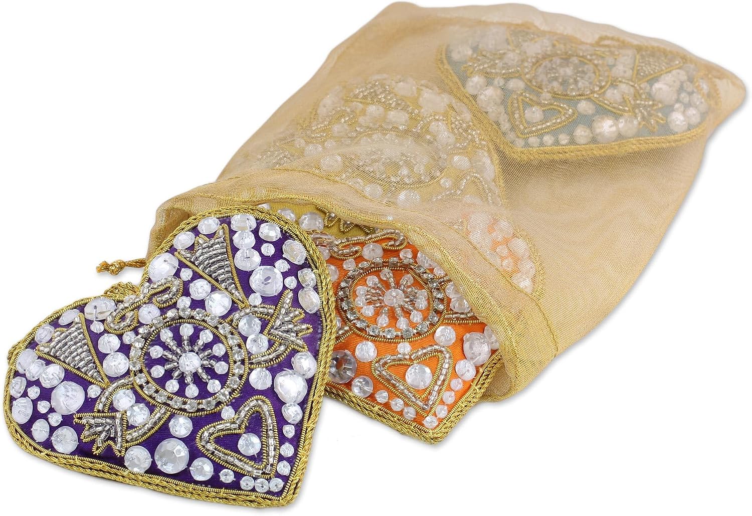 NOVICA Artisan Handmade Beaded Ornaments 4 Heart Shaped Multicolored Embroidered from India Gold Tone Glass Holiday Decor Christmas Embellished [ 4.3in H x 4.3in W x 1.2in D] ' Colorful Hearts' Set