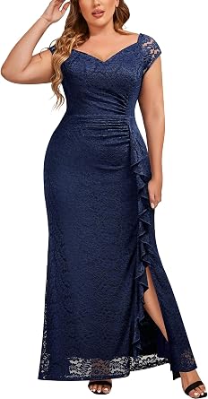 Miusol Plus Size Floral Lace Off Shoulder Slit Bodycon Formal Maxi Dress