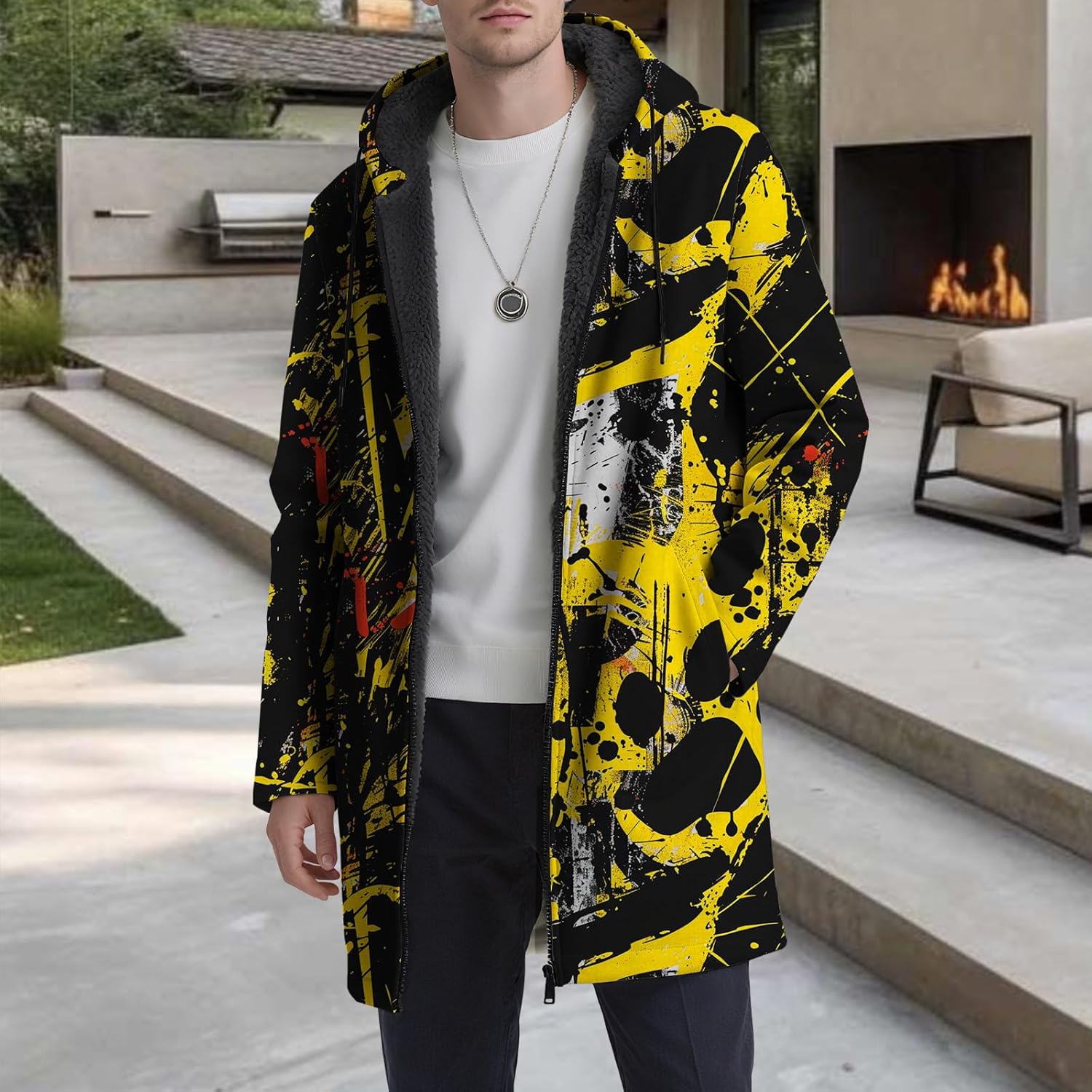 Mens Graffiti Printed Cardigan Hoodies Full Zip Up Long Sherpa Coat Fashion Casual Fleece Lined Jackets with Pockets - Image 5