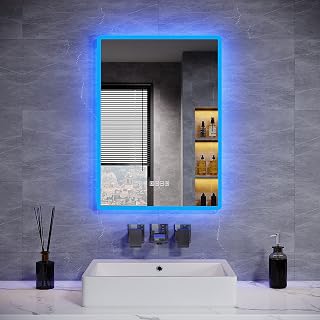 ELEGANT Backlit Bluetooth Bathroom Mirrors with Shaver Socket, 500 x 700 mm Illuminated Wall Mounted Bathroom Vanity Mirror with LED Lights and Demister Pad, Blue Atmosphere Light LED Smart Mirrors