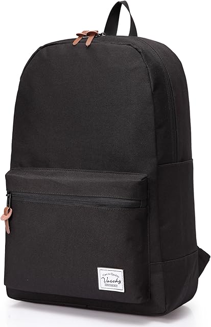 VASCHY Classic Backpack Mens Womens Fits 15.6 Inch Laptop Lightweight Backpack for School Tear Resistant School Bag Water Resistant Rucksack for College, Work, Travel with Bottle Pockets (Black)