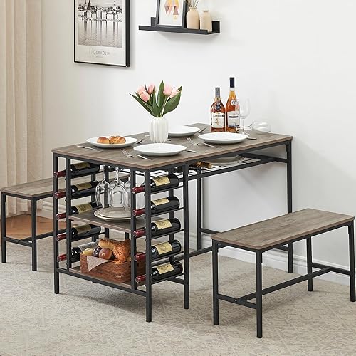 Miniatura 8 de IDEALHOUSE Juego de mesa de comedor para 4, juego de mesa de cocina para 4 con 2 bancos, juego de mesa de comedor rectangular con estante para vino,