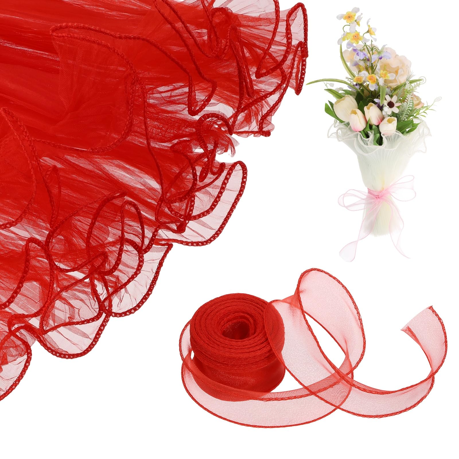 sourcing map 4 Yards Flower Wrapping Mesh Paper Bouquet Floral Packaging Paper with Organza Ribbon for Valentine's Day Wedding Birthday Florist Supplies, Red