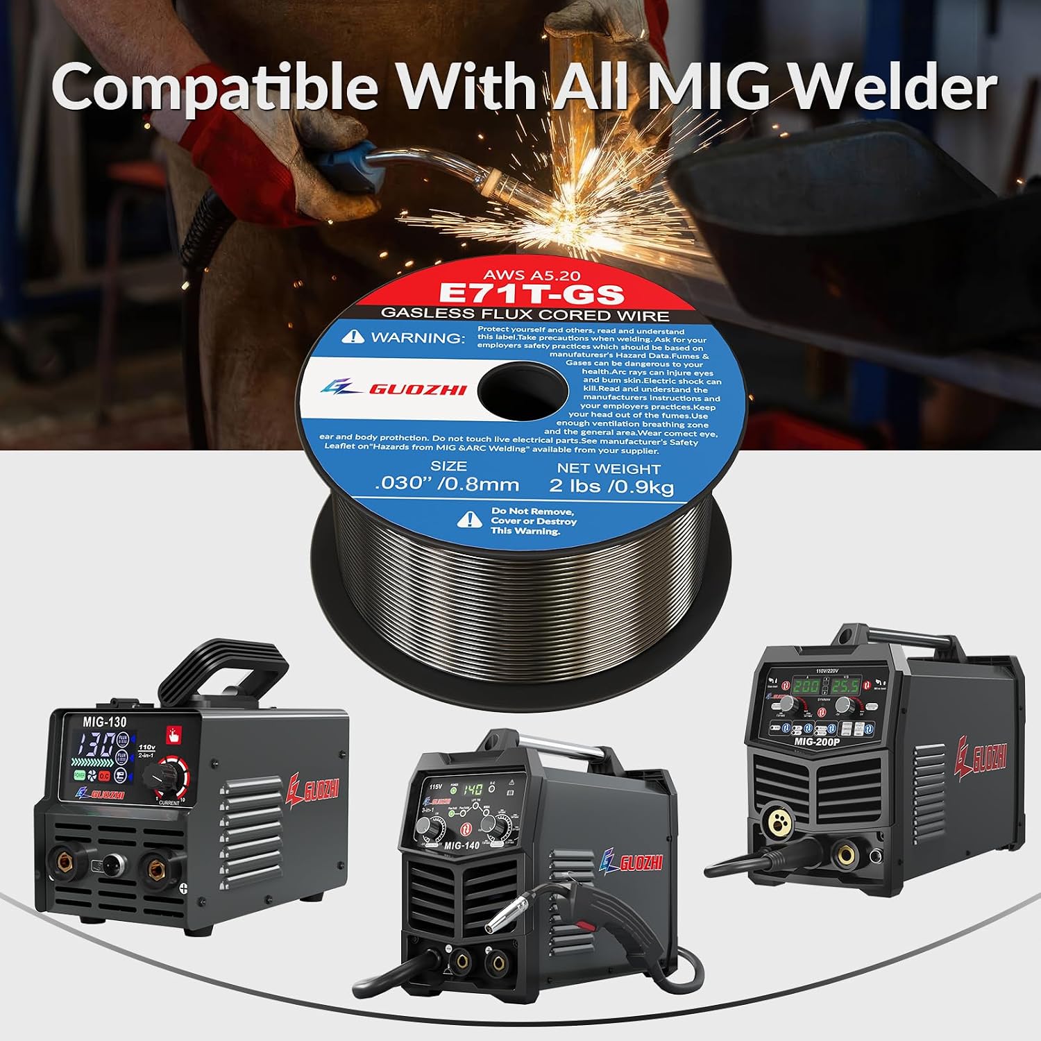 Flux Core Welding Wire, GZGUOZHI E71T-GS .030" 2-Pound X 2 Spool Gasless Mild Carbon Steel Mig Welding Wire, Pack of 2