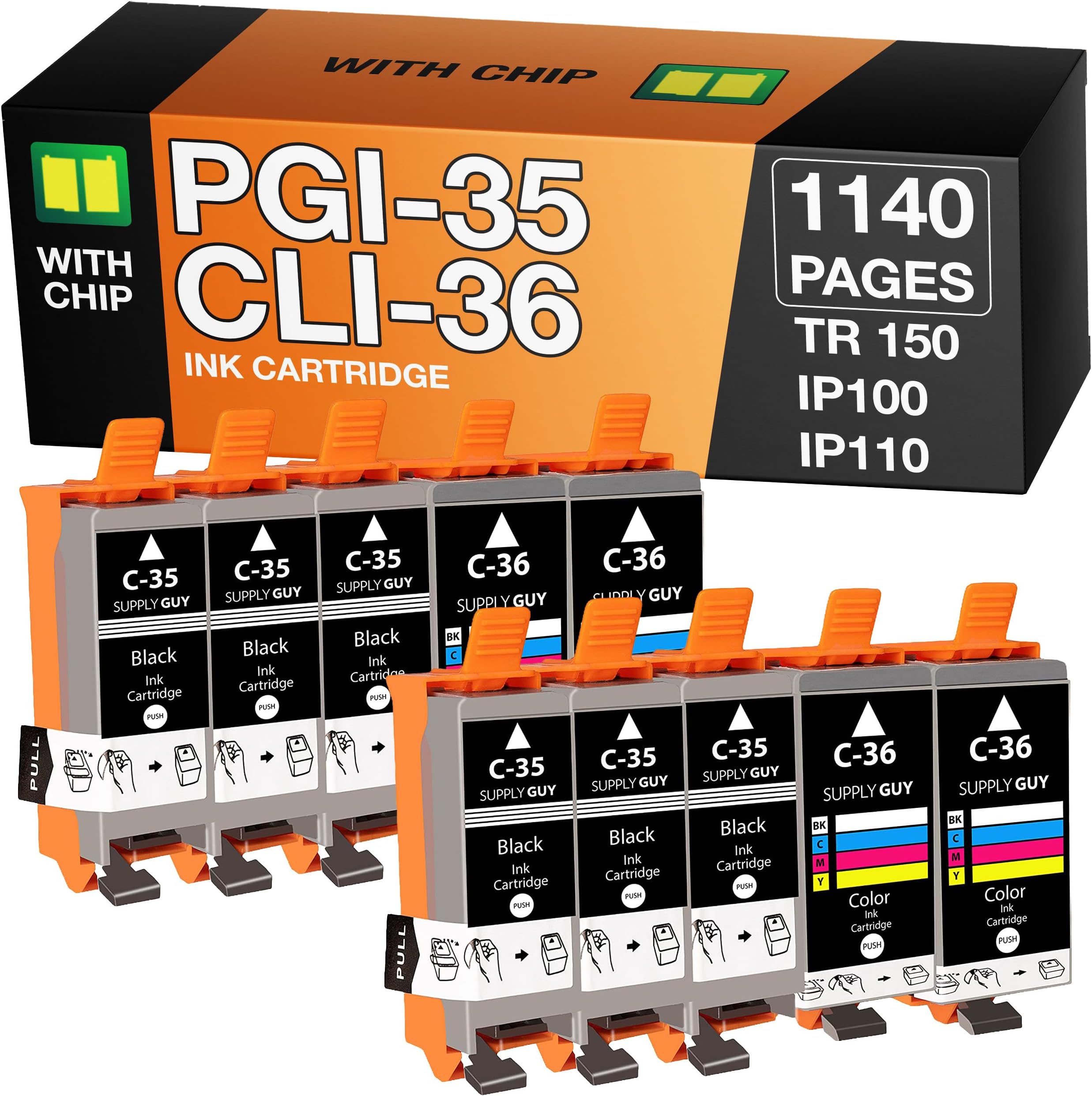 Supply Guy PGI-35 CLI-36 Ink cartridges compatible with Canon PGI35 CLI36 for Canon Pixma TR150 IP100 IP110-Series MINI-260 MINI-360 Maxify bx110 Multipack 6x PGI 35 black 4x CLI 36 color