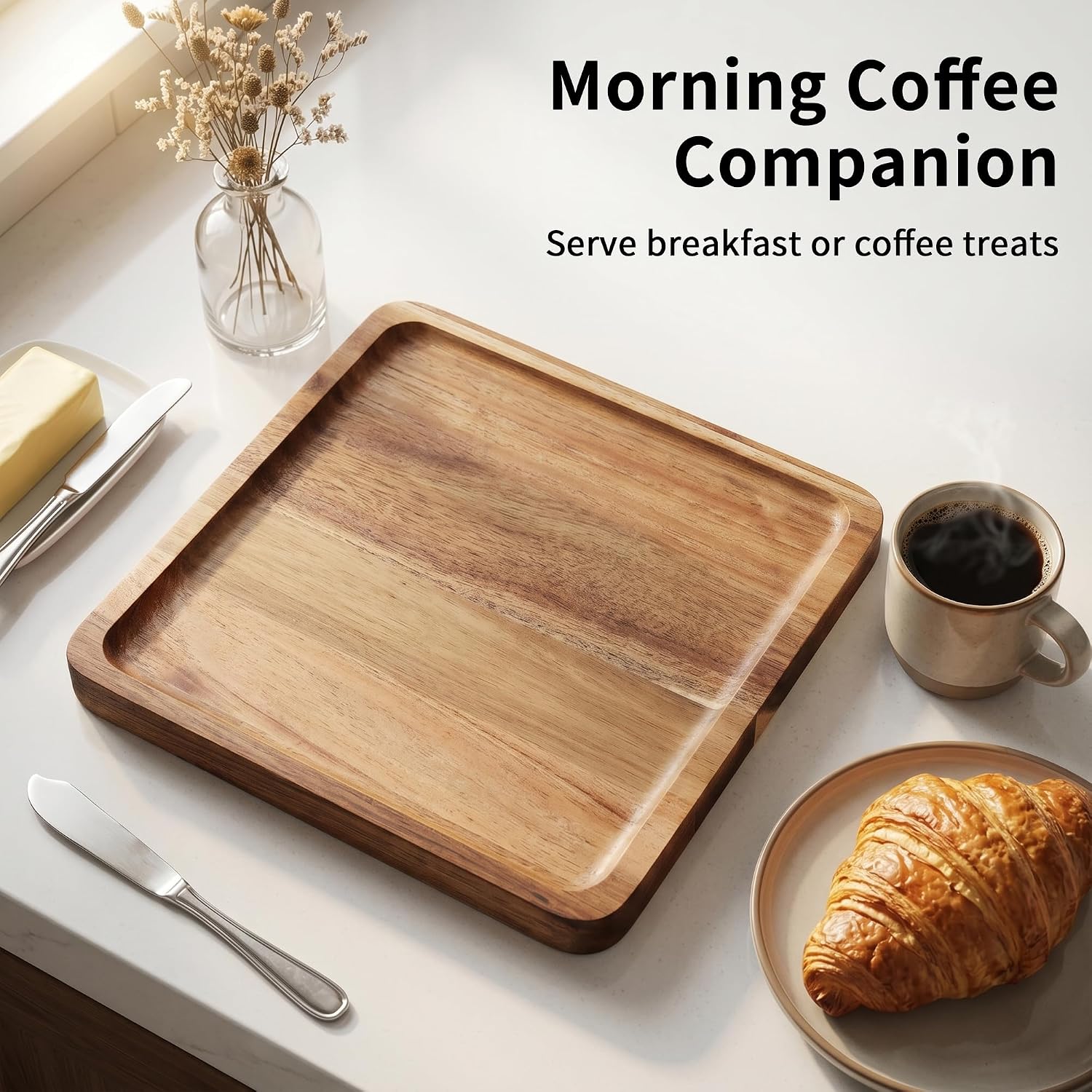 6 Pack 8 x 8 Inch Square Wooden Serving Tray, Wood Plate Platter 0.6 Inch Thickness for Home, Coffee, and Cheese