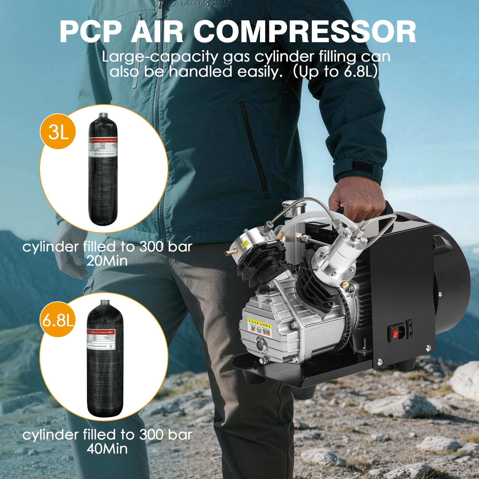 Compresor de aire TUXING 4500Psi Pcp, compresor de aire de tanque de buceo, compresor de aire de alta presión de mini cilindro doble para llenado de tanque de paintball/buceo 220 V (TXEDM041)