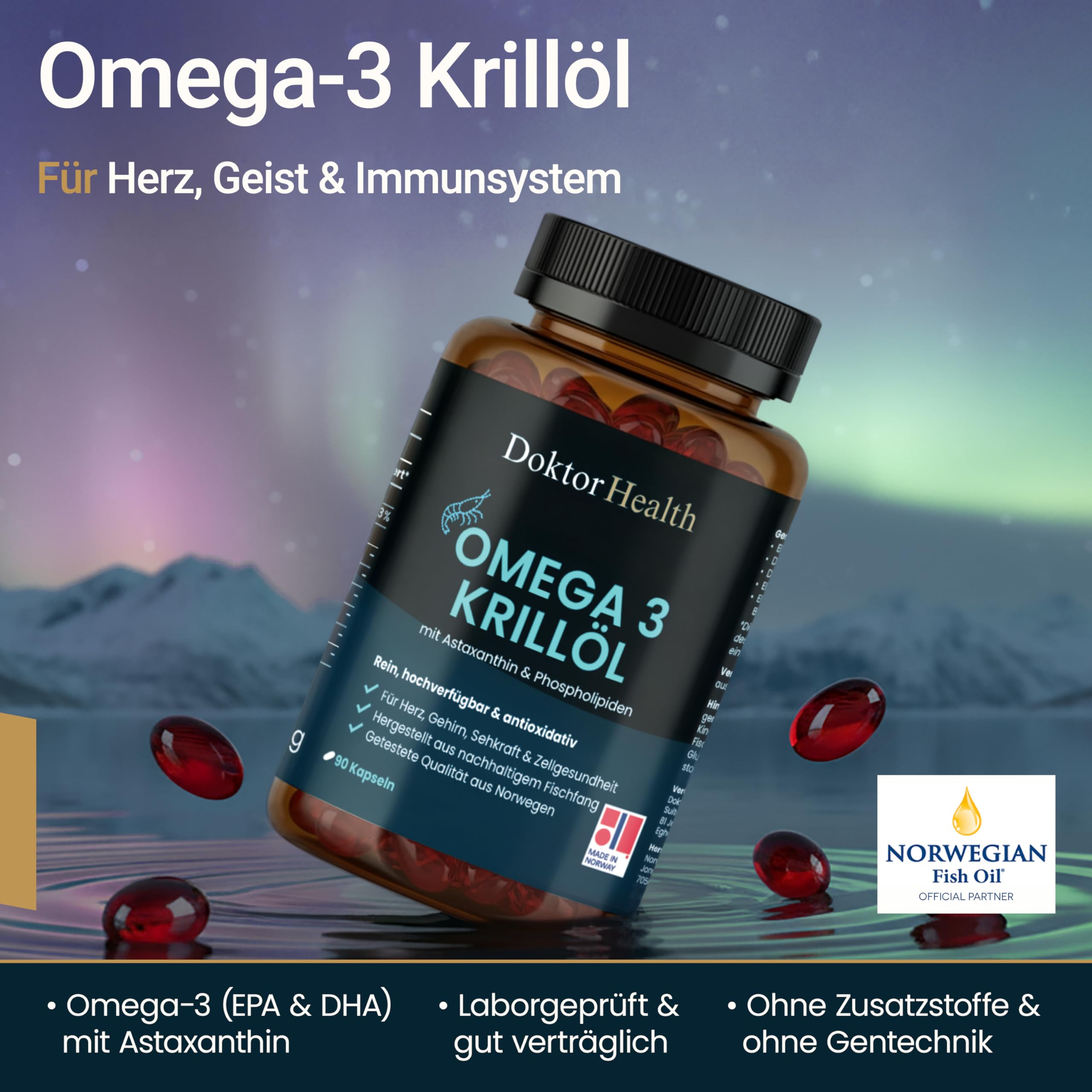 Antarktisches Krillöl 2000mg - Premium Omega-3 mit EPA, DHA & natürlichem Astaxanthin - 90 Kapseln im Braunglas - Marine Phospholipide - Kein Fischgeruch - Herz, Gehirn & Sehkraft