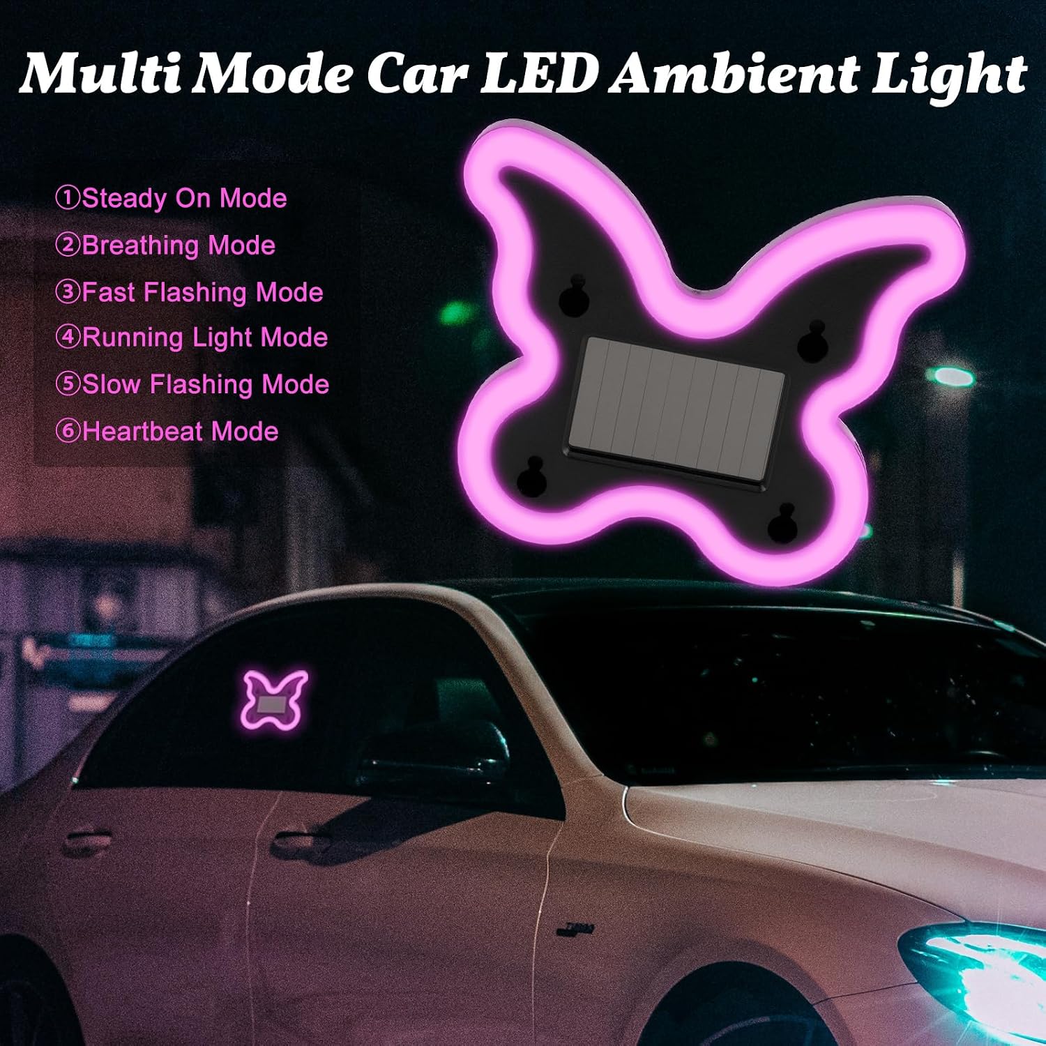 Car Light LED Ambient Solar Lights Butterfly Lamp -Powered Heart-Shaped Neon Lights for Car Window Pink Decor 6 Modes Interior Outdoor Decor (1, Pink)