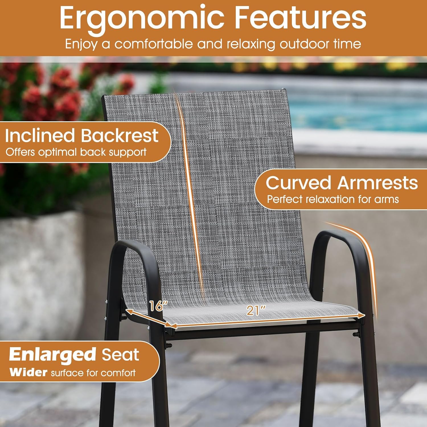 Tangkula Outdoor Bar Stools Set of 2, 29" Fabric Counter Height Bar Chairs with High Back, Armrests, Footrest, Enlarged Seat & Metal Frame, Tall Patio Chairs for Backyard Deck Pool (Gray)