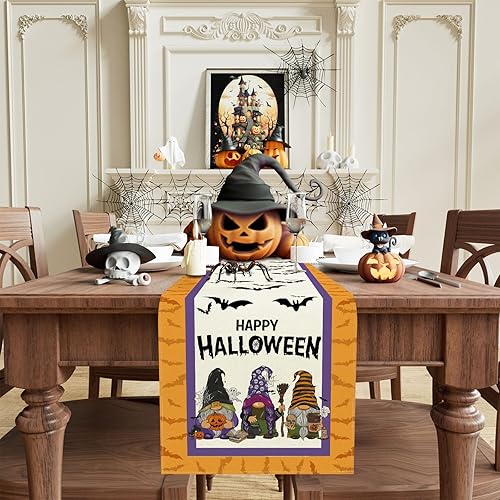 Miniatura 2 de Camino de mesa de gnomo de Halloween, decoración de mesa de 13 x 120 pulgadas de largo, arpillera para el hogar, cocina, comedor, cena, interior,