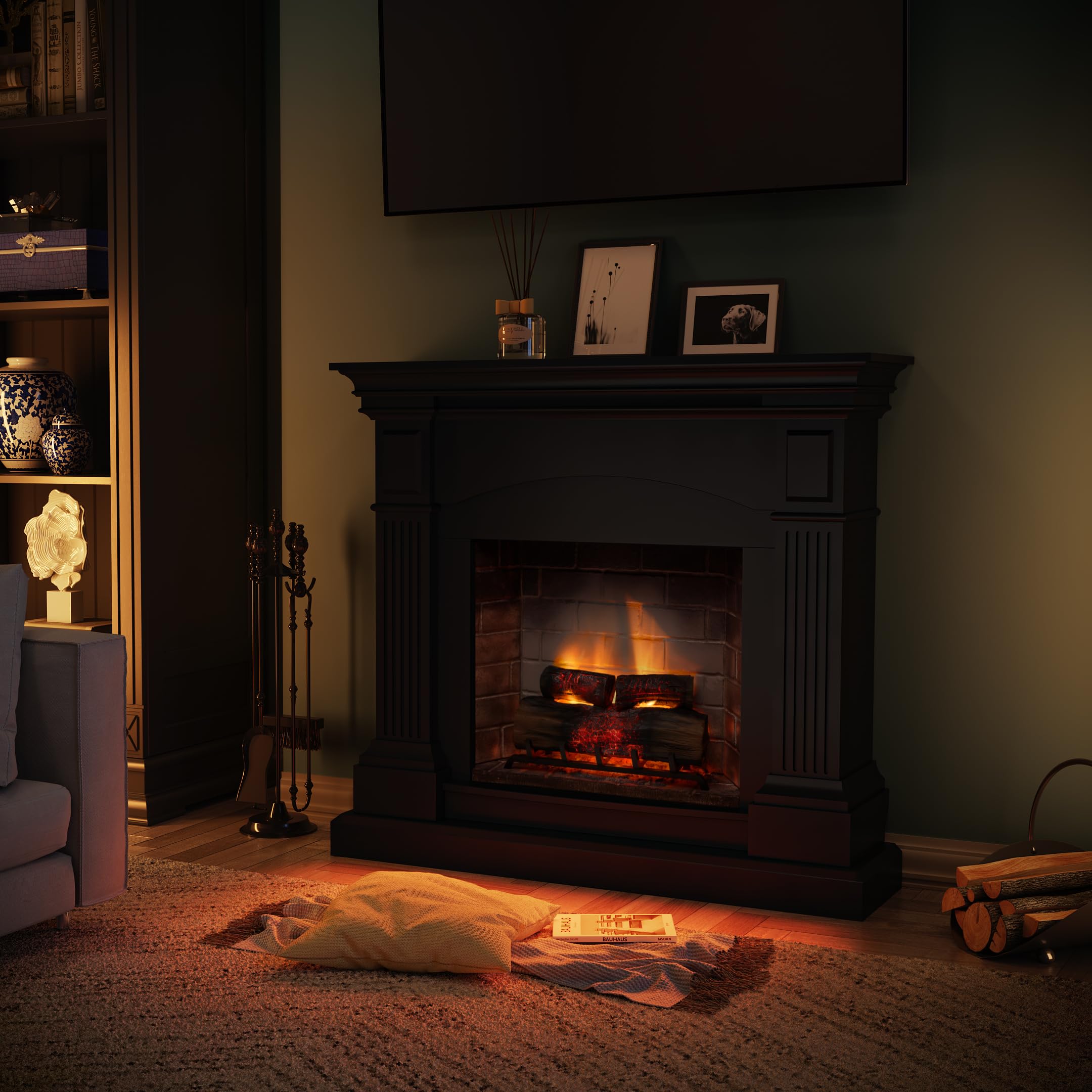 TAGU Magna Camino Elettrico con PowerFlame 2, Riscaldatore e Termostato, Suono Crepitante, Wi-Fi e Luce Ambientale (Nero Profondo)