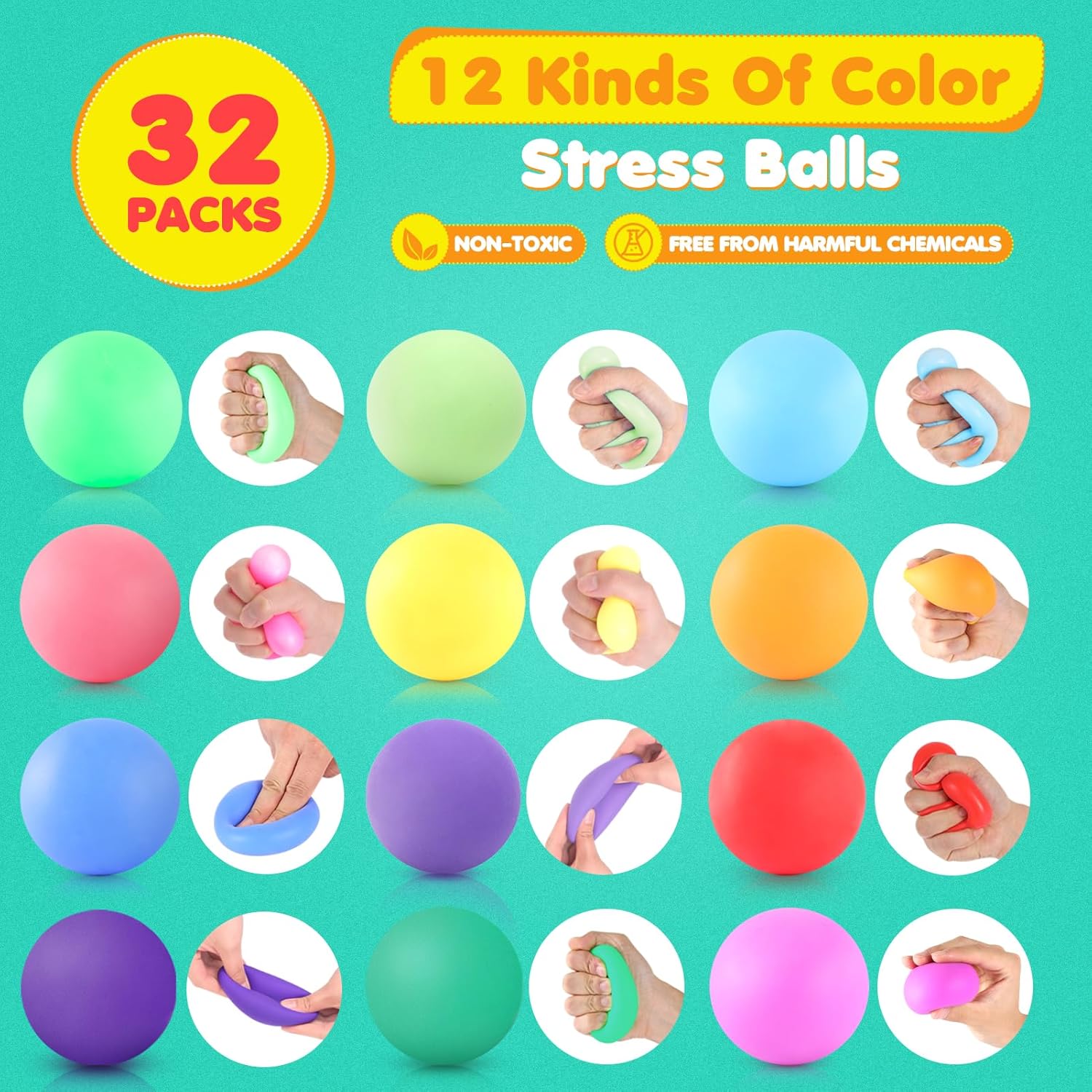 Squishy Stress Balls for Kids - 32 Pack Slow Rising Stretchy Stress Balls for Kids, Fidget Stress Toys for Autism & ADD/ADHD, Pull Stretch Fidgets for Classroom Prize Box Toys, Classroom Must Haves