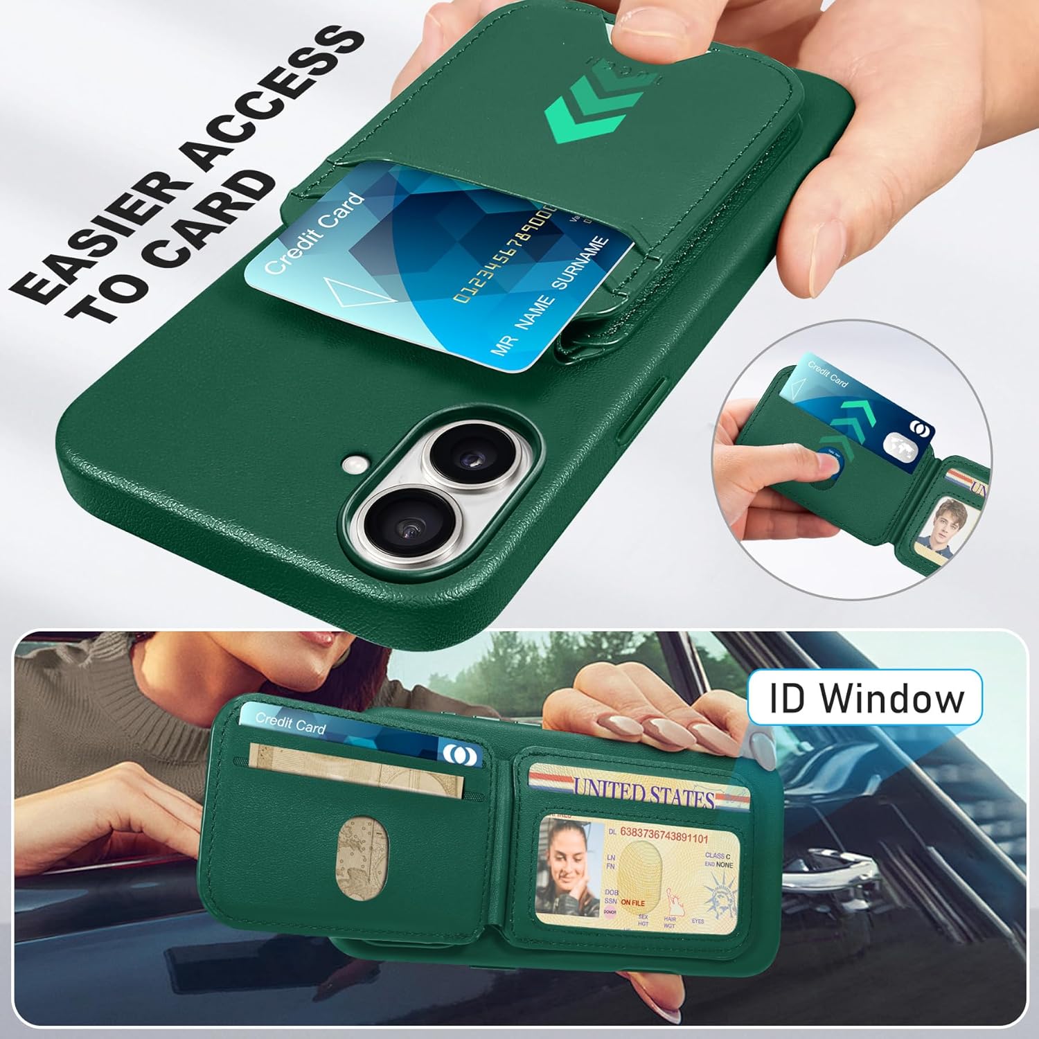 TUCCH Magnetic Case for iPhone 16 Plus (6.7") with Detachable Wallet [5 Card Slots] Adjustable Stand [RFID Blocking] [Wireless Charging], Protective Anti-Slip Slim PU Leather Phone Cover, Forest Green