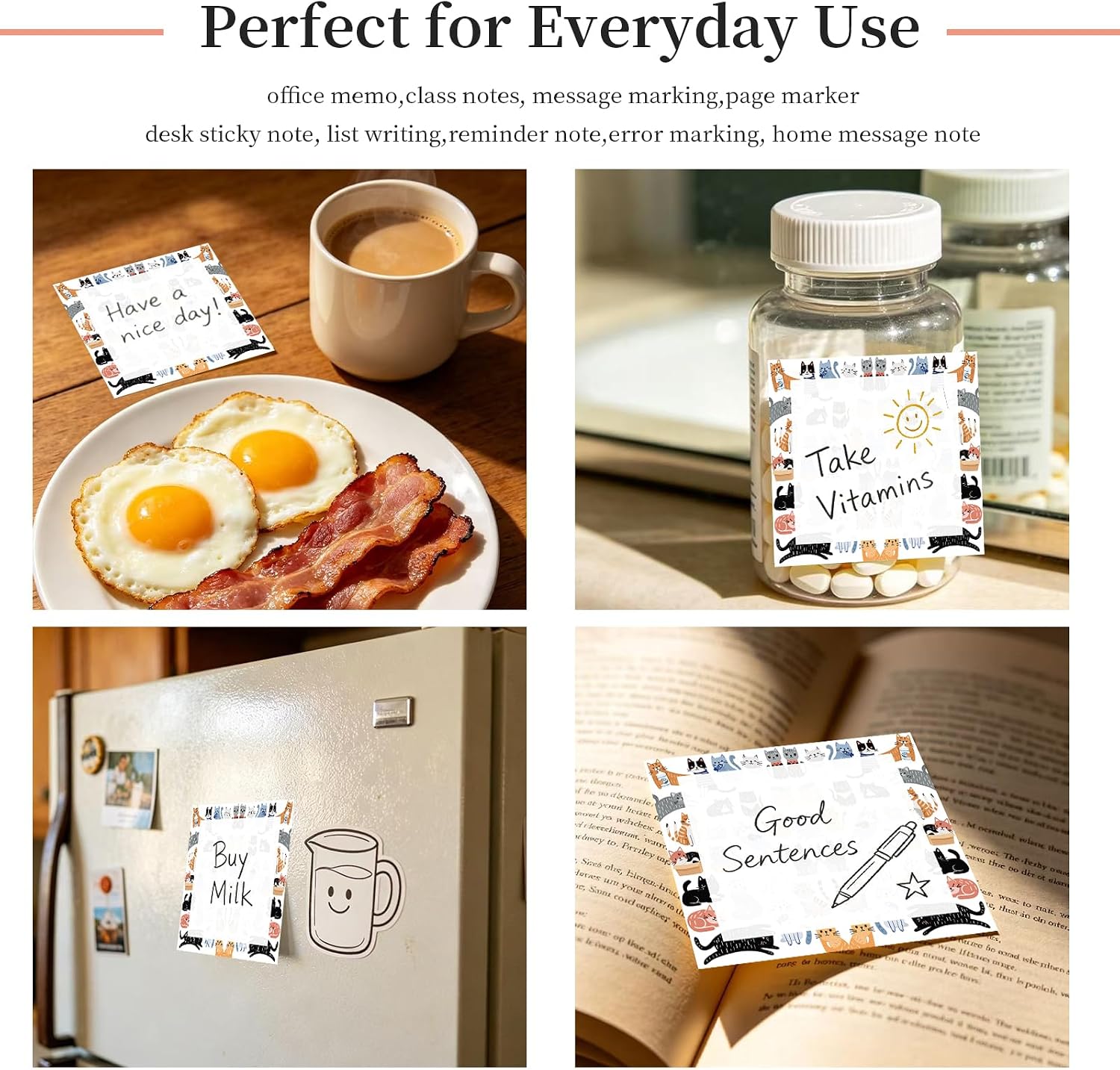Sticky Notes 3x3 Inches, Cute Self-Stick Note Pads, Funny Memo Pads, Easy to Post Sticky Notes for Office, Home & Notebook Cute Cartoon Cats image 2