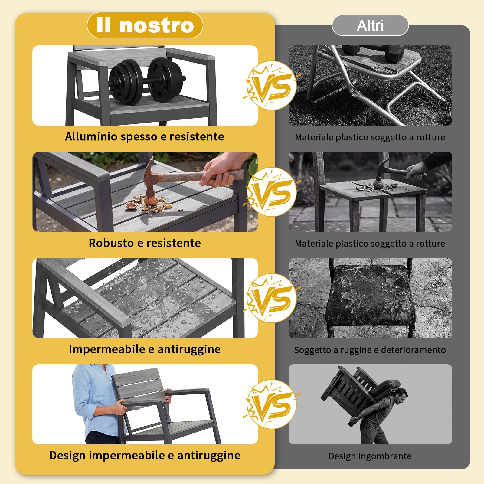 JUMMICO Sedia da Esterno in Alluminio Aspetto Legno - Antiruggine, Facile da Pulire e Imputrescibile, Portata Massima 160kg, Per Giardino, Cortile, Balcone