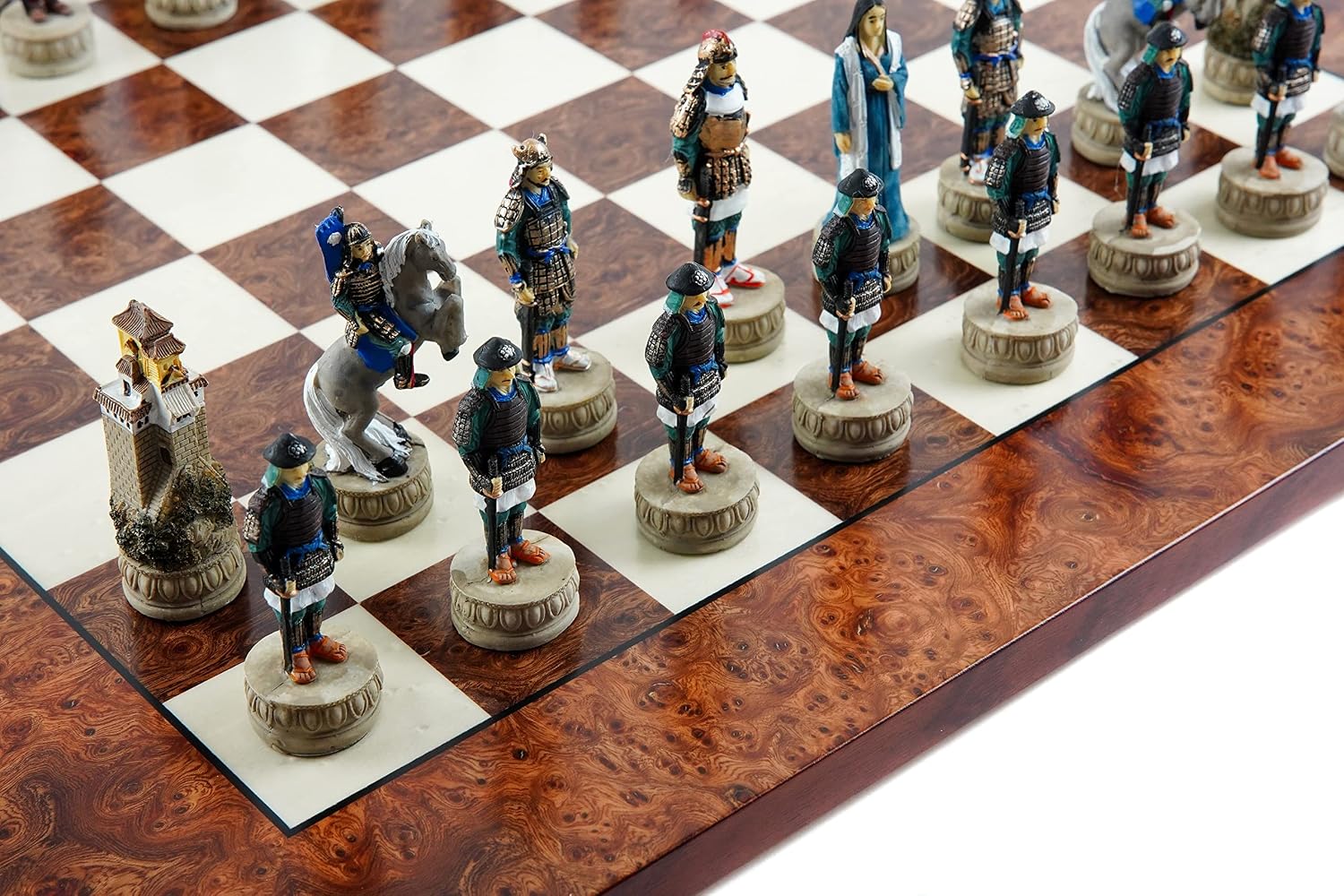 Japanese Samurai Chessmen & Agostino Luxury Chess Board from Italy