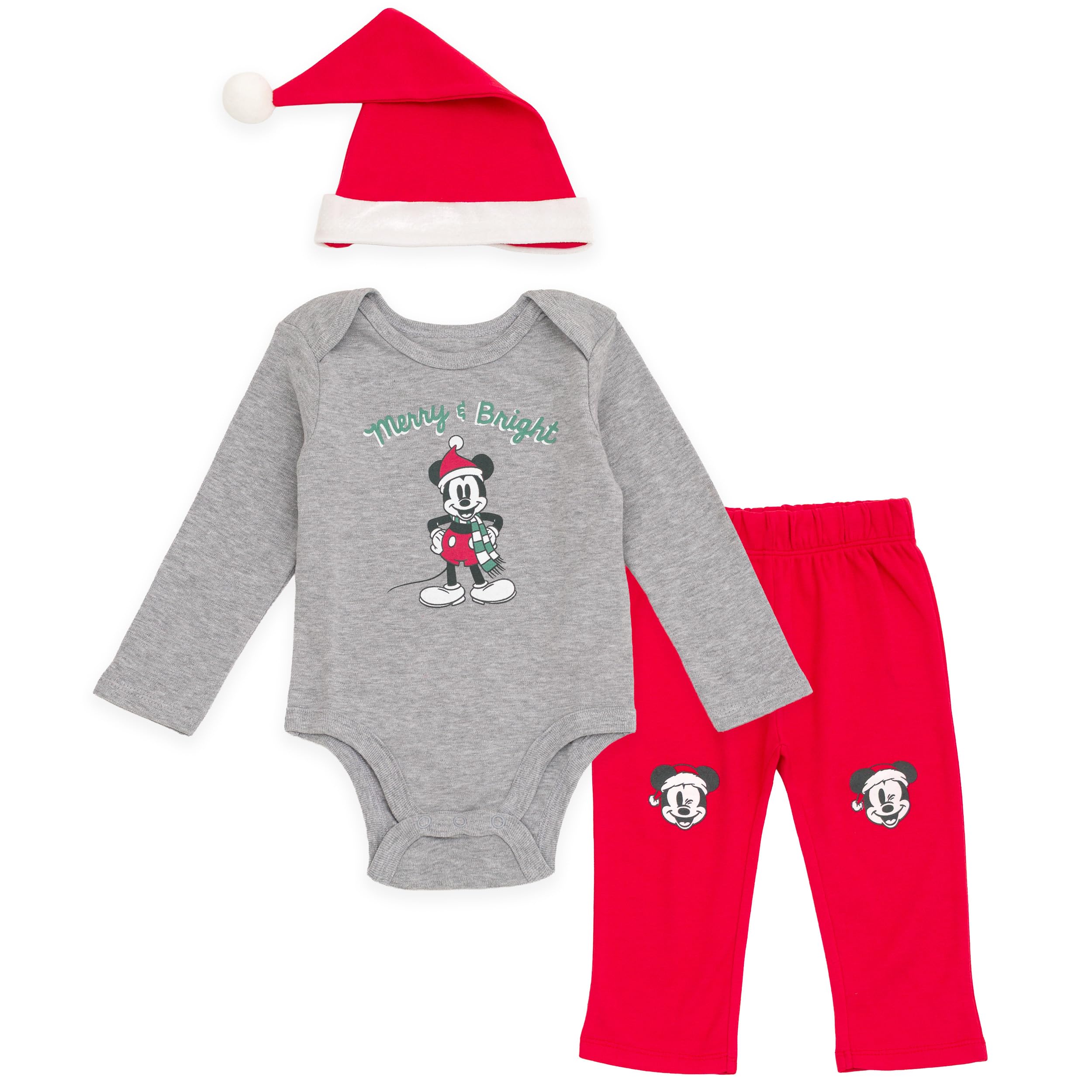 Disney Christmas Baby Bodysuit, Pants and Velour Santa Hat 3 Piece Outfit Set Newborn to Infant Sizes (Newborn - 24 Months)