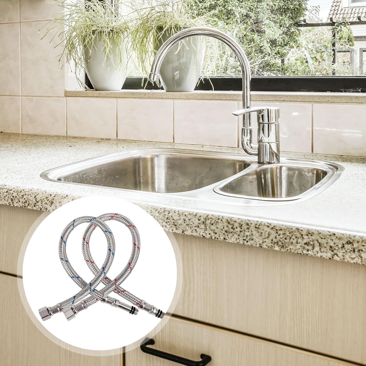 2pcs Faucet Supply Lines, 16in Stainless Steel Sink Hose Leak-Proof 3/8in Female Compression M10 Male Connector Water Line Parts for Bathroom Kitchen