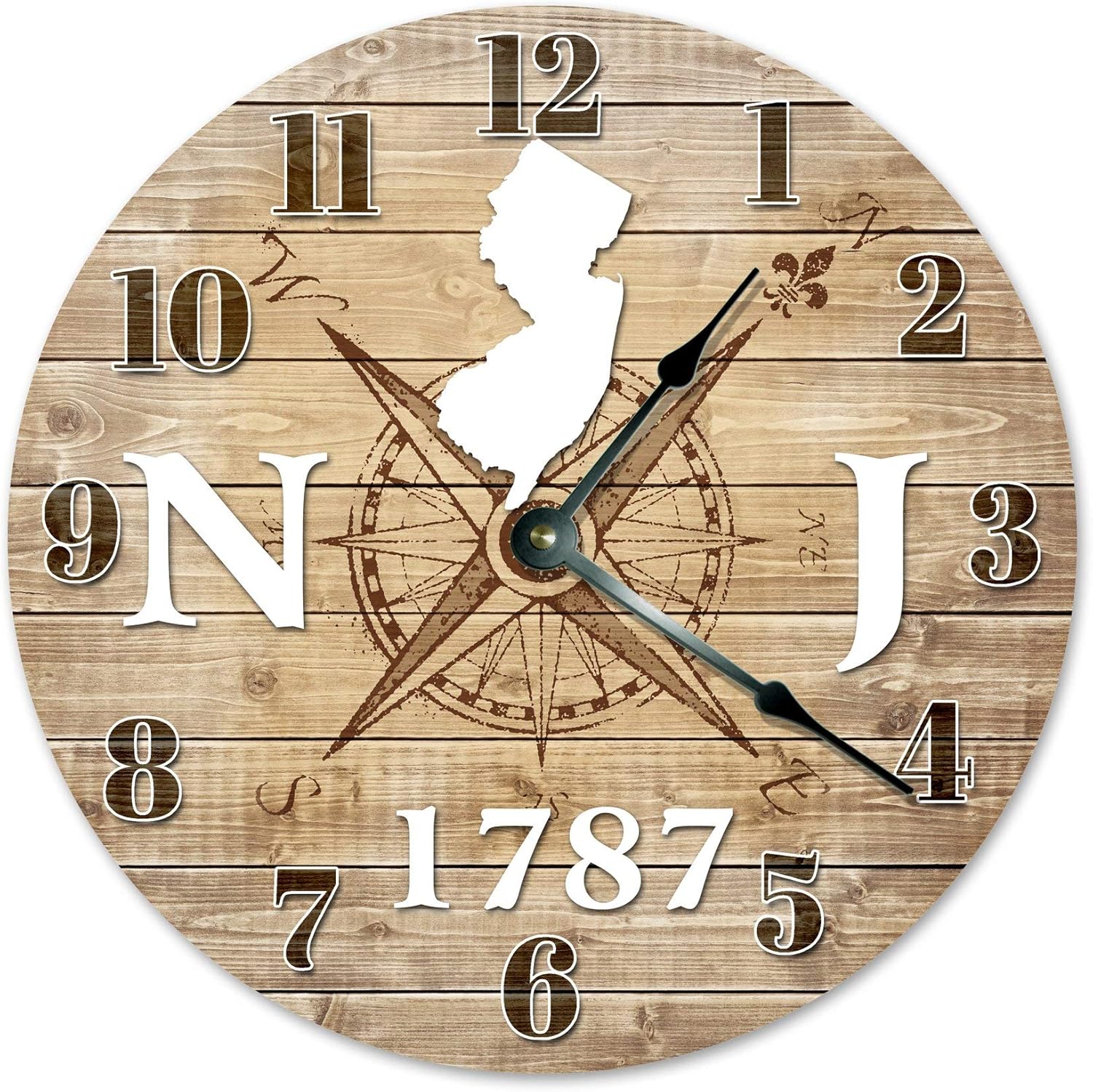 New Jersey State Silent Non Ticking Round Battery Operated Handmade Hanging Large 10 Inch Wall Clock for Bedroom Office Cottage Decoration