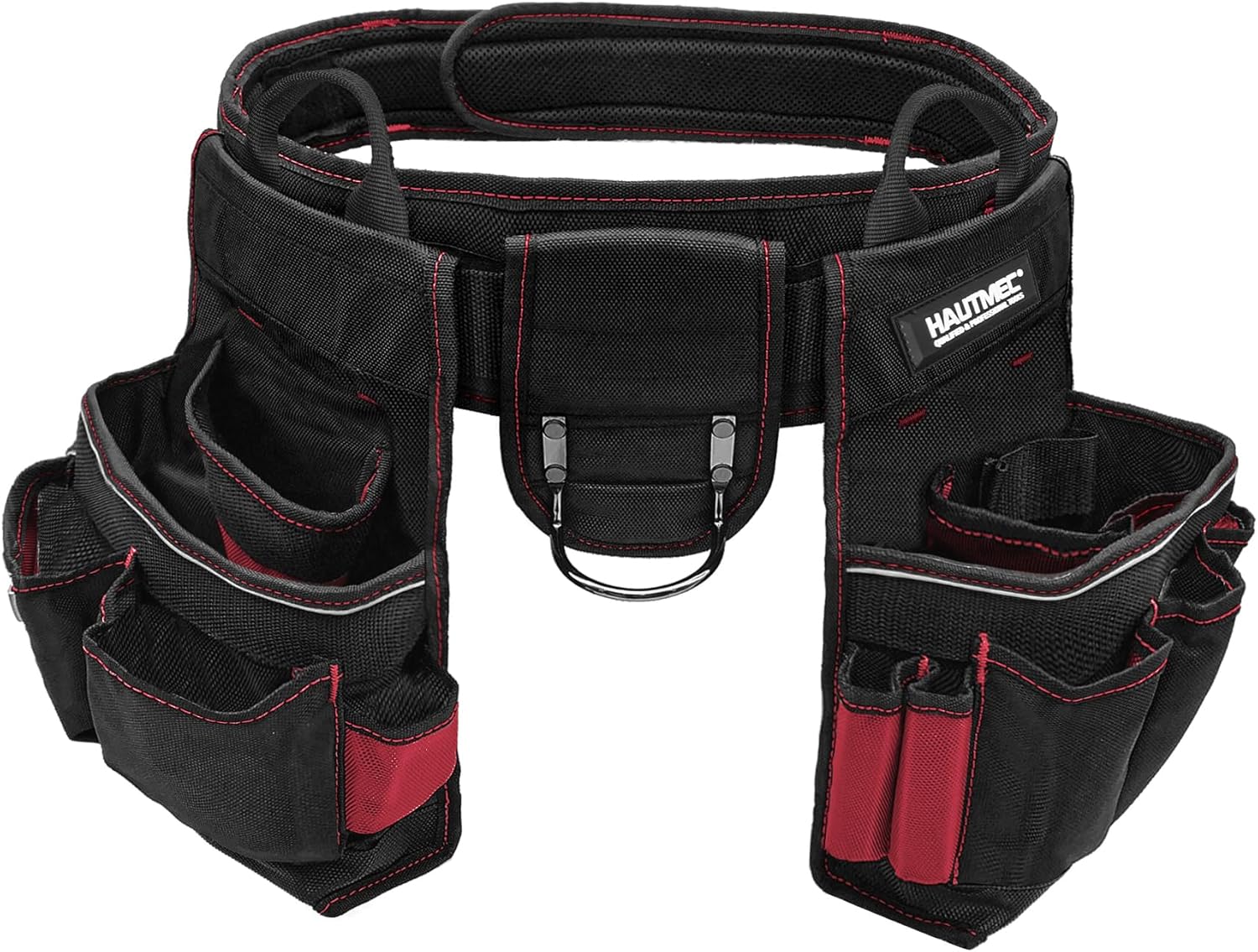 HAUTMEC Heavy Duty Tool Belt, 20-Pocket Tool Pouch with Reinforced PVC Base, 1680D Work Belt with Padded Waist Support, Drill Holder, Hammer Loop & Tape Clip for Construction (HT0177)