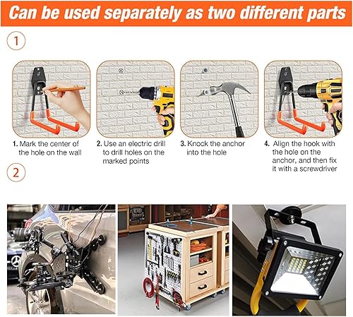 Miniatura 5 de Gancho magnético de garaje resistente, paquete de 4 ganchos magnéticos fuertes para taladro eléctrico, herramientas de jardín, manguera, tablero de