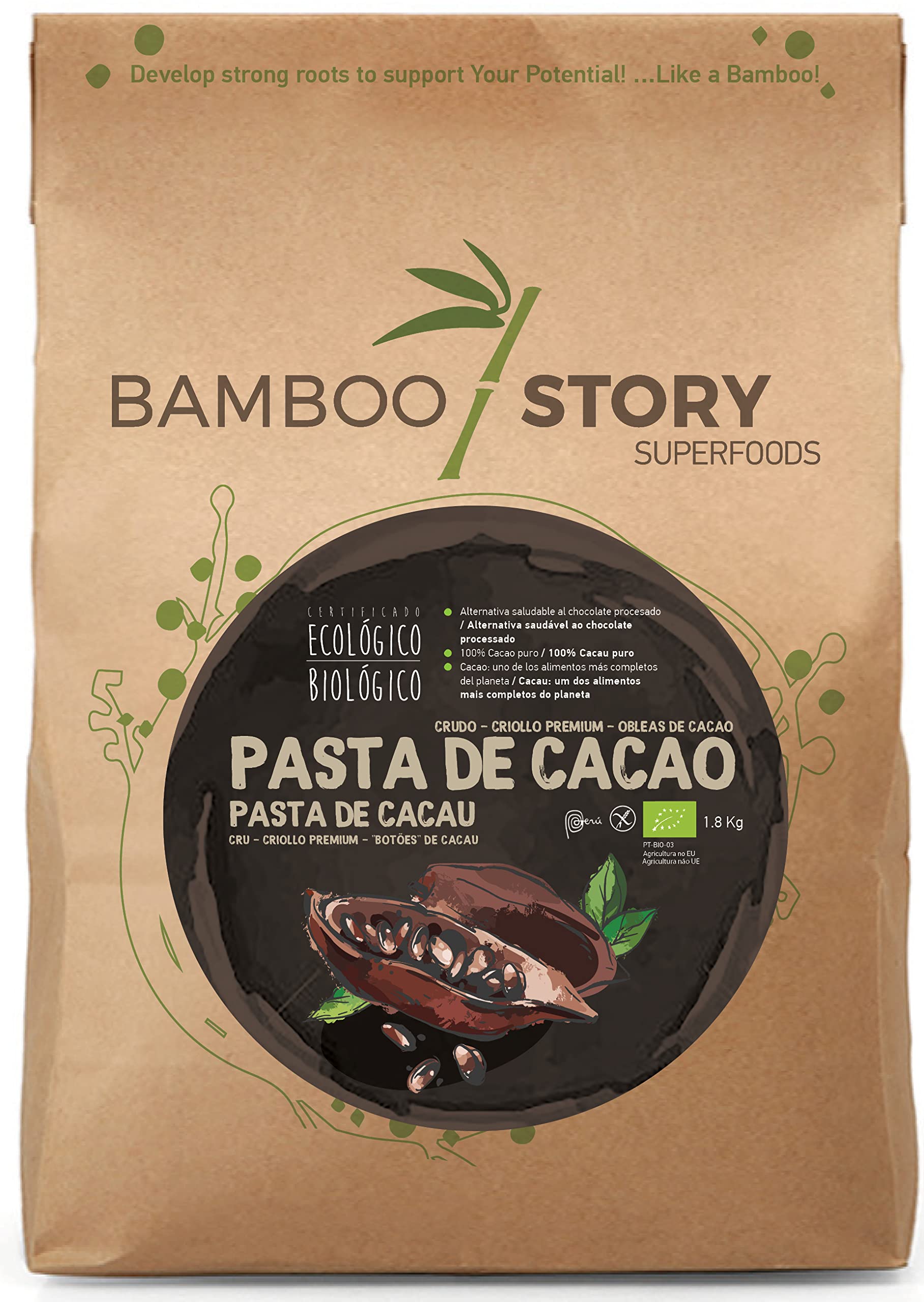 Crudo | BAMBOO STORY | Pasta Cacao en Obleas | Criollo | Ecológico/BIO | 100% Cacao | Sin Azúcar | 1.8 Kg | Origen 100% Perú