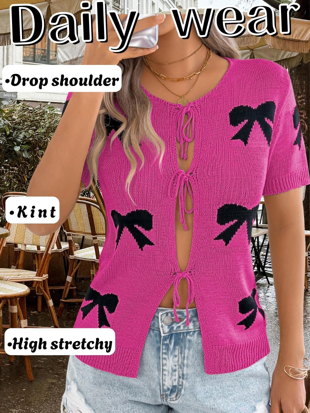 Women 2000S Bow Knit Cardigan Sweaters, Short Sleeve Tie Front Lightweight Crochet Top, Summer Going Out Date Outfits - Image 4