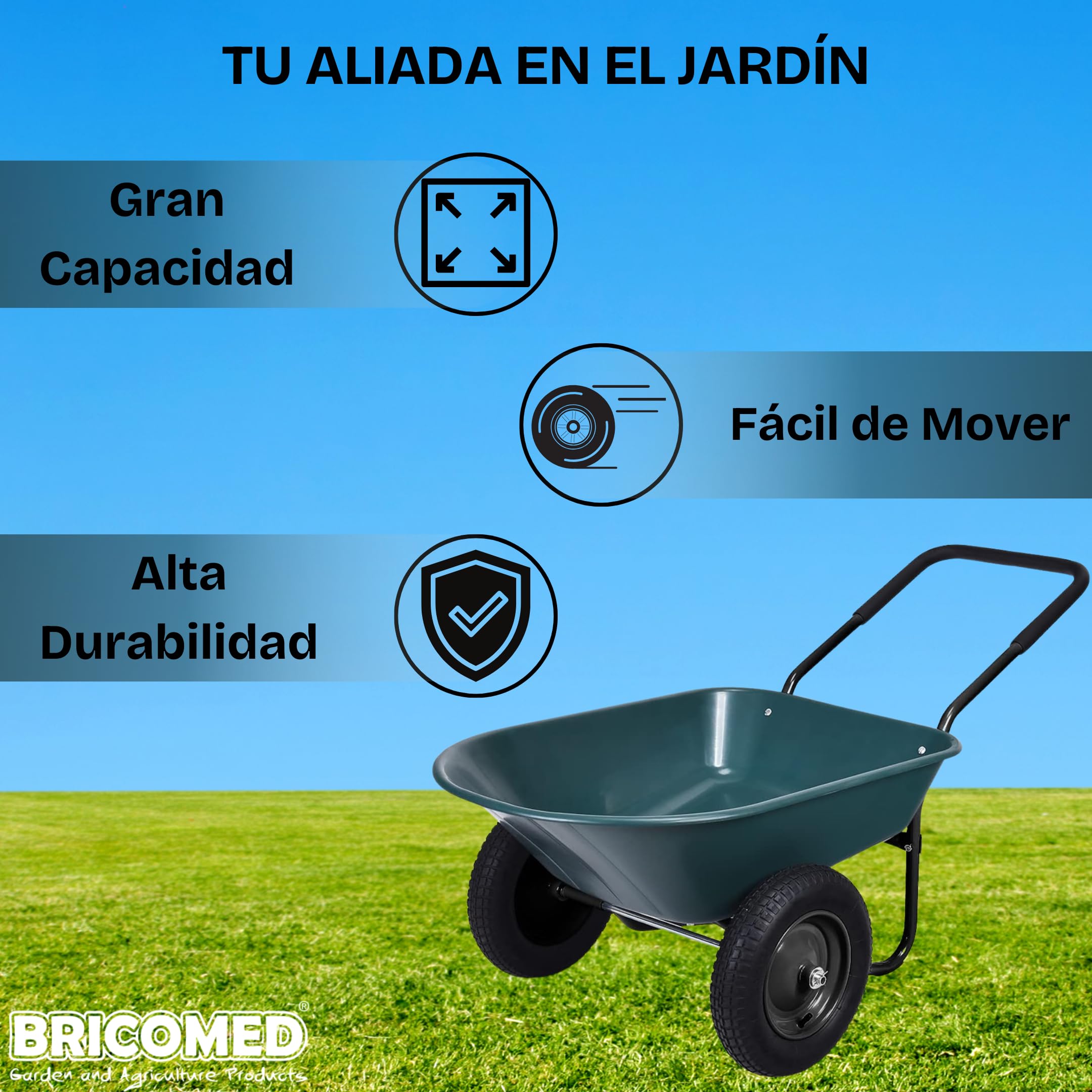 Carretilla Jardin | 124x66x70,5 cm | Carretillas de Acero Robusto Recubierto De Polvo Epoxi, Capacidad De 100L Y 120 kg, Neumáticos | Carretilla De Carga Jardin | Carretilla de Jardin