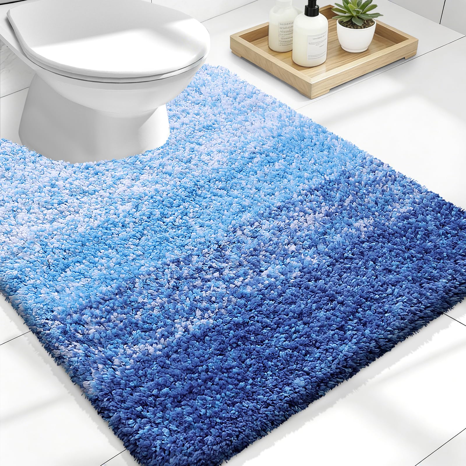 OLANLY Luxury Toilet Rugs U-Shaped 24x20, Soft Absorbent Microfiber Mat | Light Royal Blue, Non-Slip Quick-Drying Rubber Backing, Washable Contour Bath Mat for Toilet Base, Home Decor Accessories