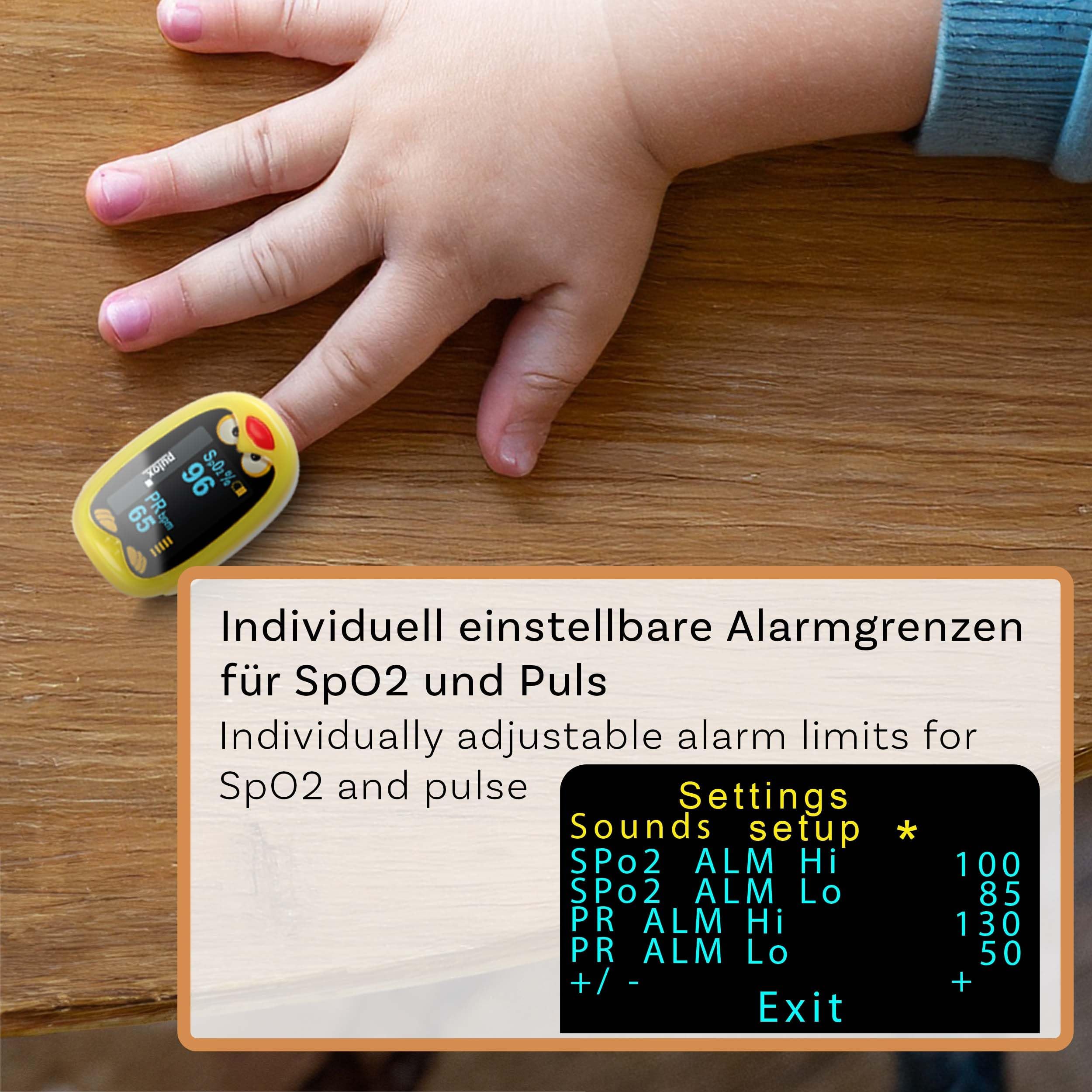 Pulox PO-210B Kinderpulsoximeter akkubetrieben mit Alarm | Finger-Pulsoximeter für Kinder und Kleinkinder, wiederaufladbar mit akustischer Warnfunktion