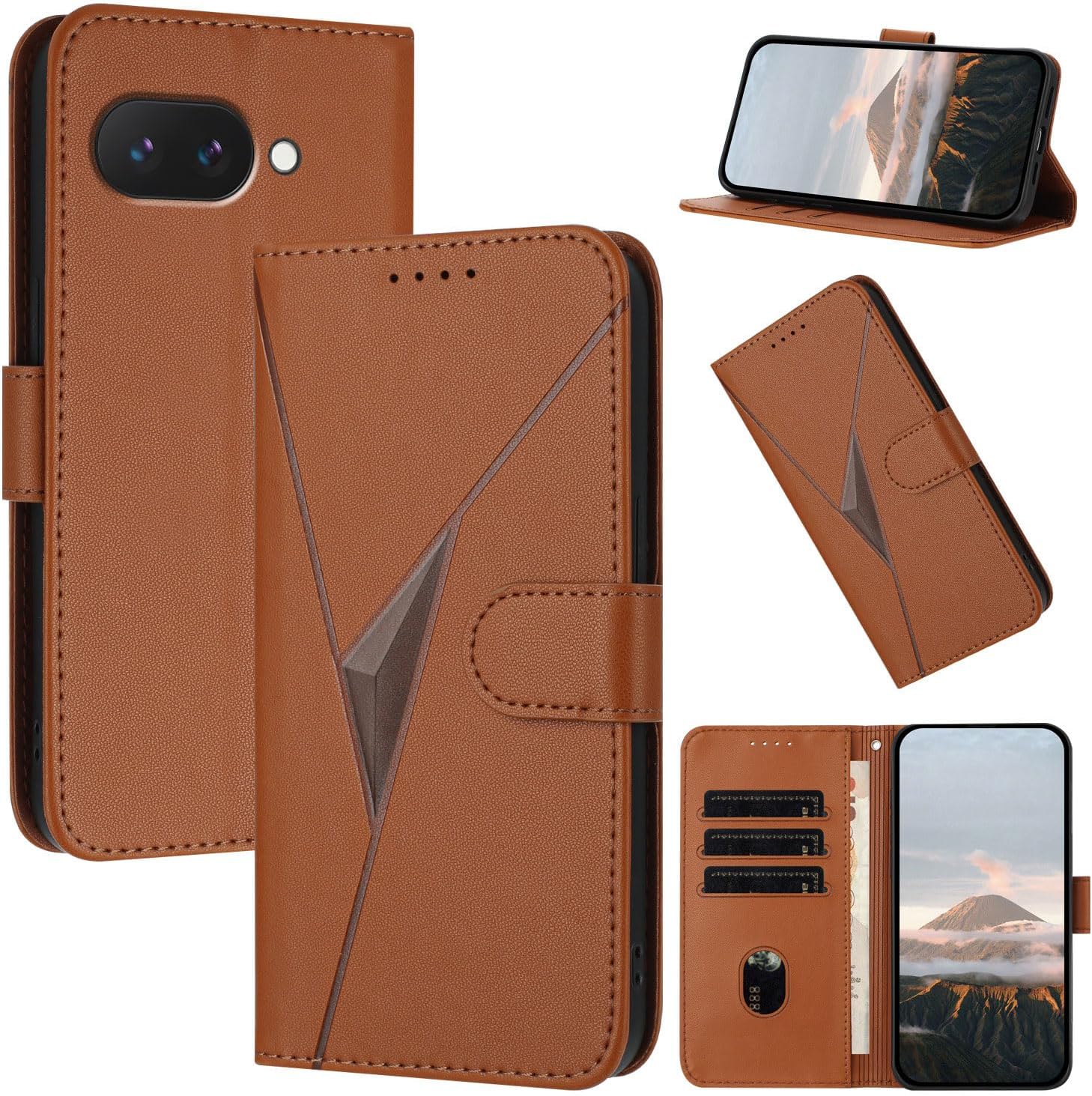 with Pixel 9a Case,Card Holder Slots Wallet Case Suitable for Google Pixel 9A, Fashion PU Leather Kickstand Magnetic Folio Google Pixel 9A Phone Case for Women and Men,Brown