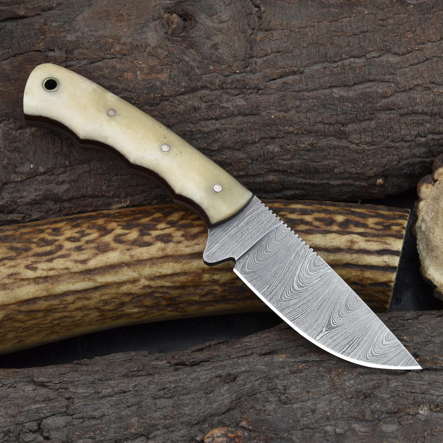 Knives Ranch Handmade 7-1/2" Arched Hunting Knife - Full Tang - Damascus Steel - Cattle Bone Handle - Heavy Duty Leather Sheath (3183-B)