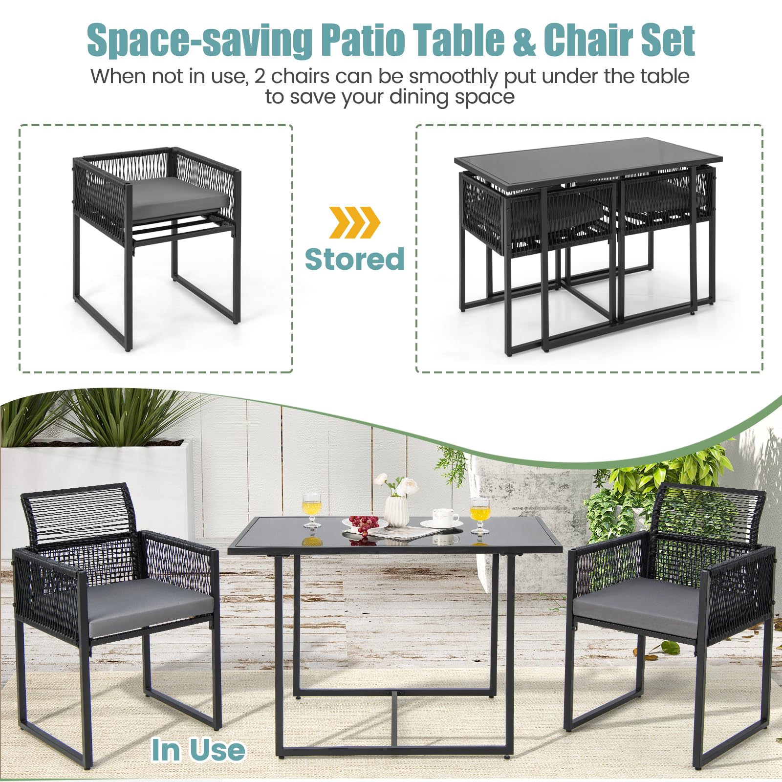 LIFEZEAL Set Giardino da Esterno in Rattan PE, Divanetto con Cuscini Rimovibili e Tavolo in Vetro Temperato, Poltrone da Giardino con Tavolino, Salottino per Balcone e Terrazza, Poltrone per Pranzo