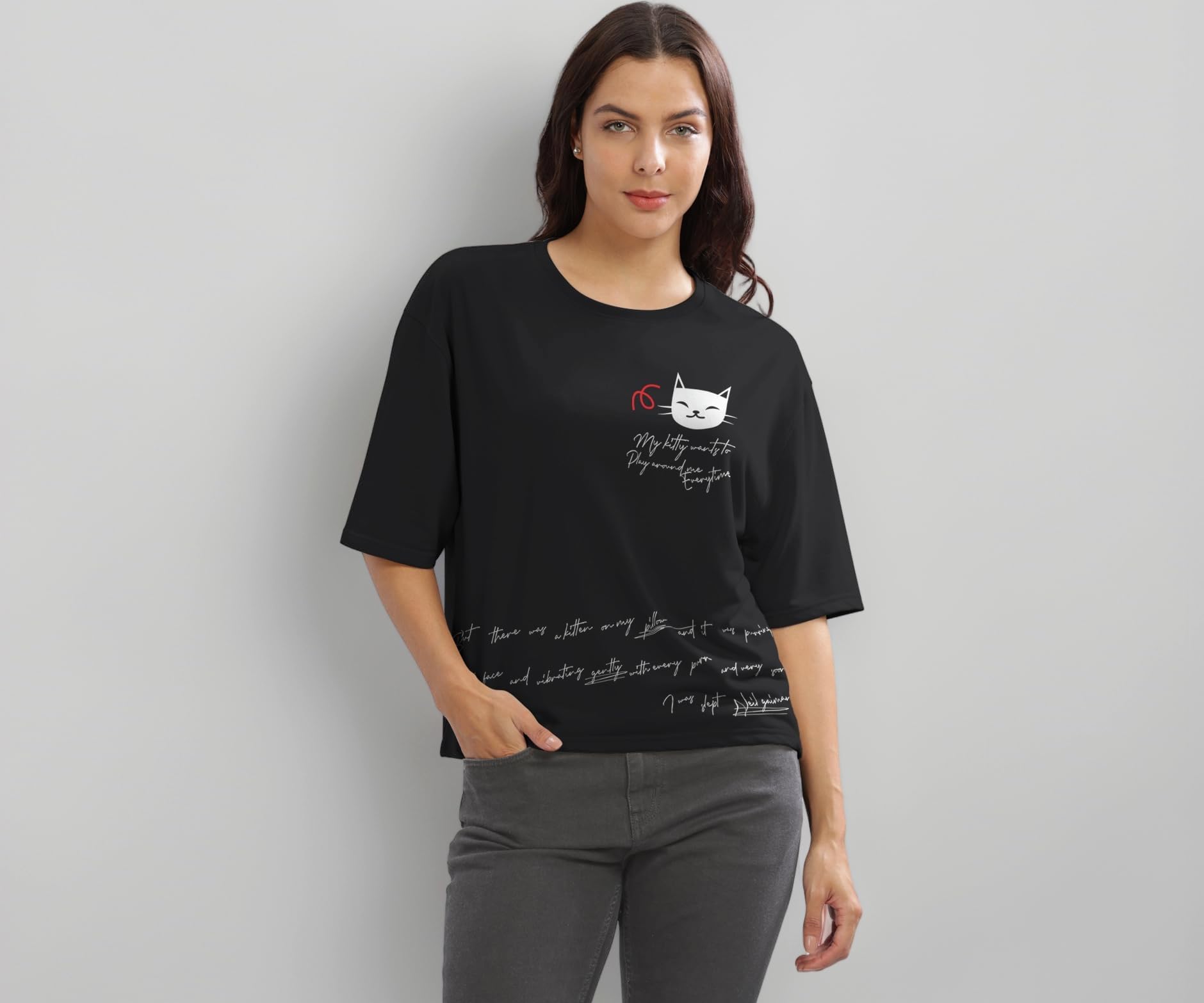 Beige Printed Loose Fit Crew-Neck Crop T-Shirt for Women