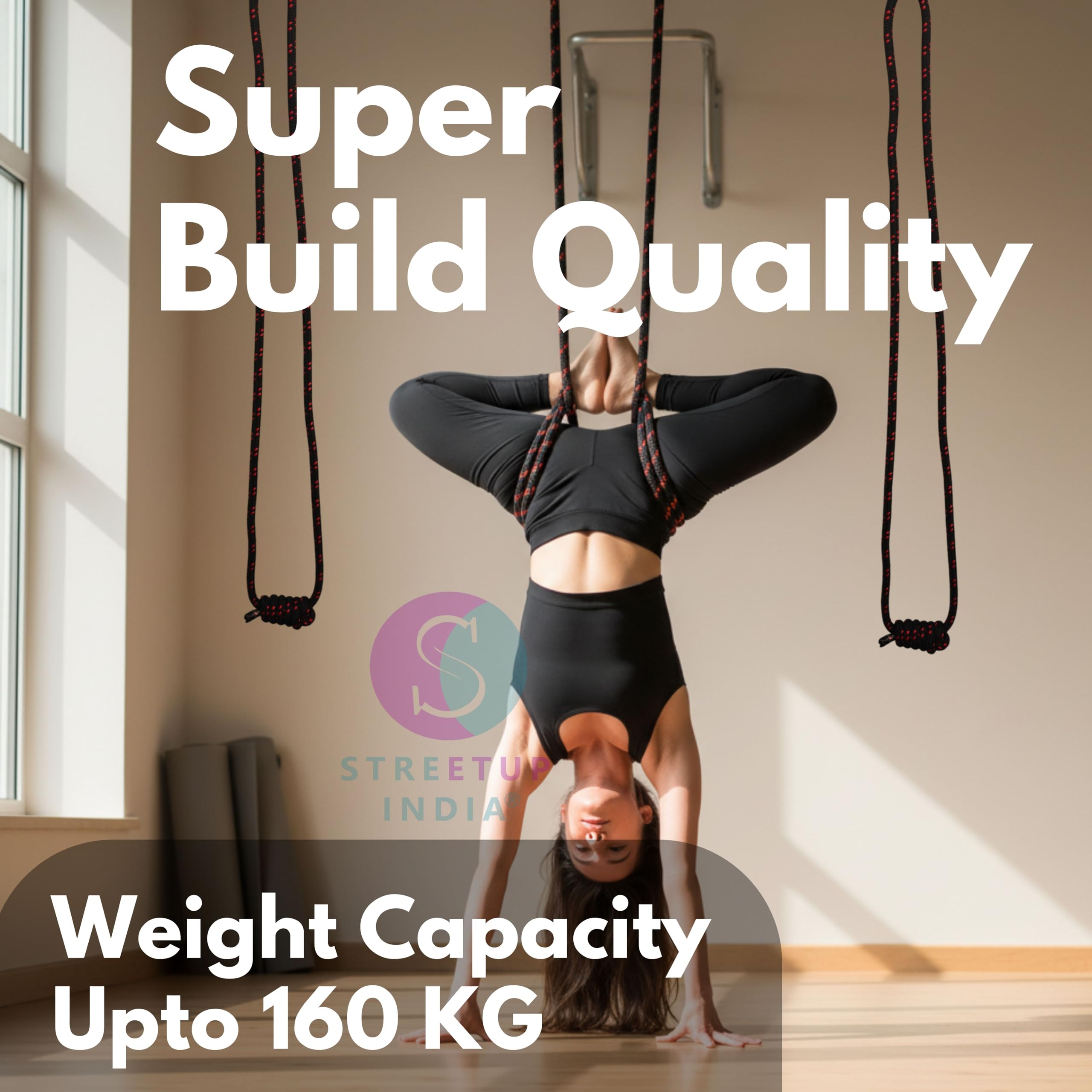 Streetup India® Iyengar Yoga Anti-Gravity Cotton 8FT Long Yoga Wall Rope for Stretch/Flexiblity/Exercise and Iyengar Yoga (Black, 8FT-With Hook) 1