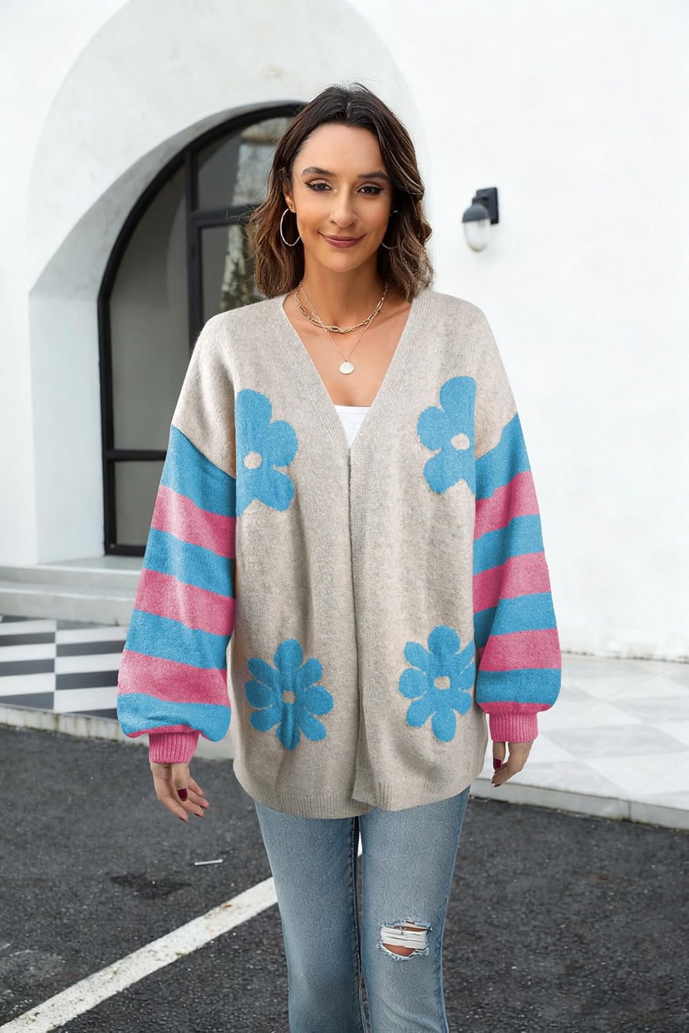 LUKYCILD Open Front Cardigan Sweaters for Women Floral Color Block Long Sleeve Drop Shoulder Sweater Knit Outerwear - Image 2