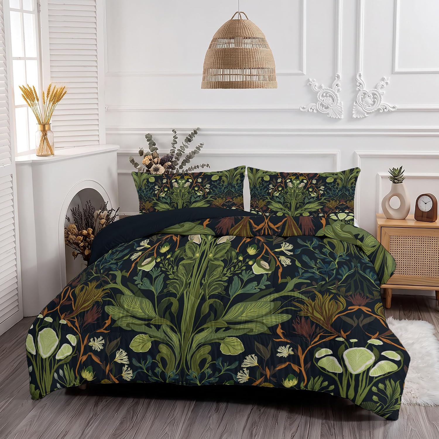 Retro Plants Quilt Set King 3 Pieces, Forest Green Quilts Bedding Set Flowers and Leaves Bedspread Bed Cover Lightweight Spring Summer Beds Coverlet for All Season - 104"X90"