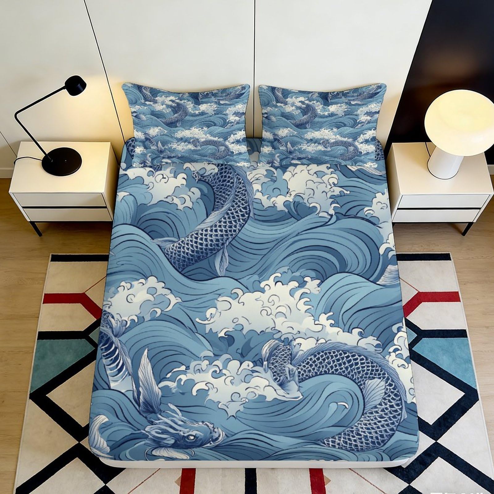 3D Printed Blue Koi Fish Fitted Sheet Microfiber Soft Anti-Slip Japanese Waves Mattress Cover for Bedroom Guest Room Decor 200x200x25cm