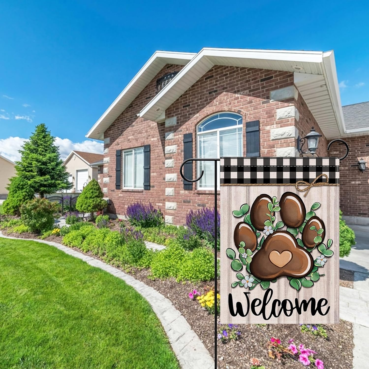 Artofy Welcome Dog Cat Paw Small Decorative Garden Flag, Eucalyptus Leaves Buffalo Plaid Check Yard Lawn Outside Decor, Farmhouse Rustic Burlap Outdoor Home Decoration Double Sided 12 x 18 - Image 5